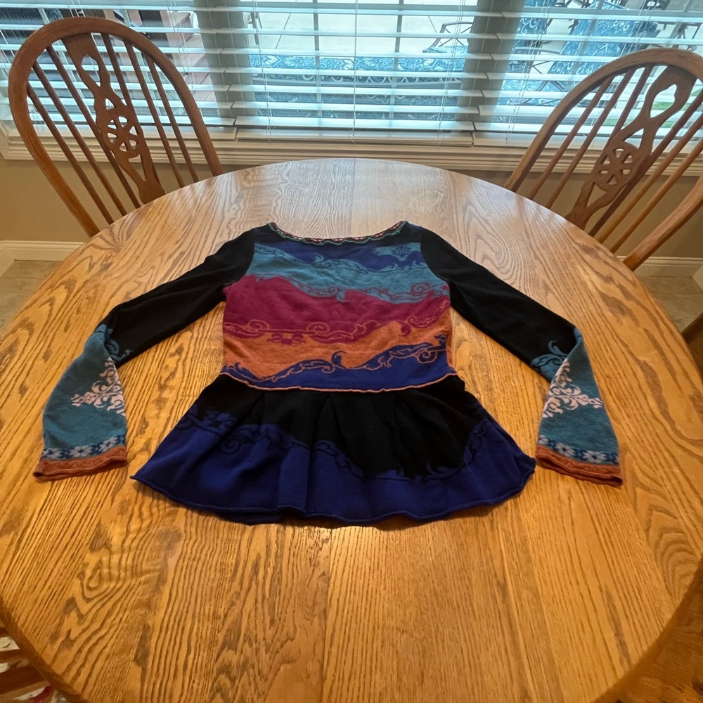 Boutique Multi Colored Black Blue Teal Wool Peplum Sweater M Missing tag - Picture 2 of 8